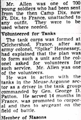 Arthur Allen Dies; Fought in War I In 1st Tank Unit – Camden Courier-Post, April 28, 1950