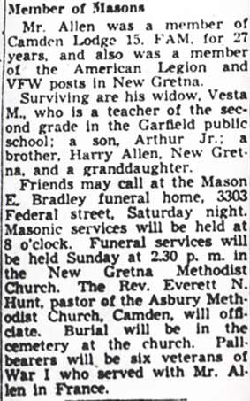 Arthur Allen Dies; Fought in War I In 1st Tank Unit – Camden Courier-Post, April 28, 1950