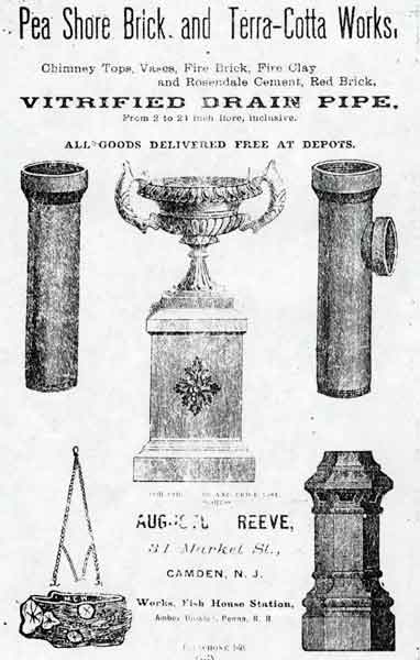 Pea Shore Brick and Terra-Cotta Works advertisement featuring chimney tops, vases, fire brick, vitrified drain pipe