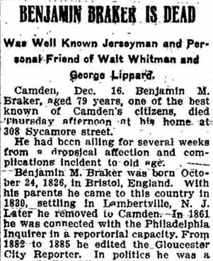 Trenton Times, December 16, 1905 — Benjamin Braker obituary, page 1