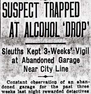 Suspect Trapped at Alcohol Drop — headline, August 26, 1936