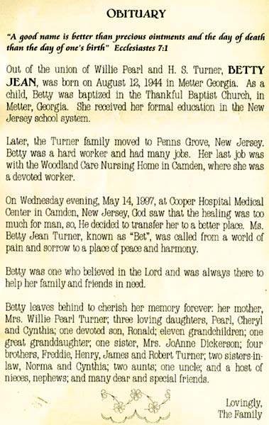 Betty Turner obituary, right page