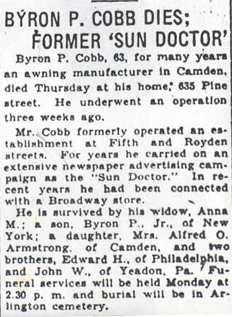Camden Courier-Post, January 22, 1938 — Byron P. Cobb Sr. obituary
