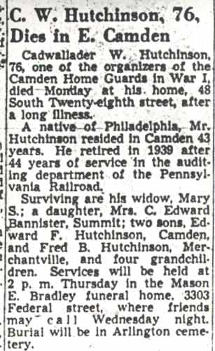 Obituary notice for Cadwallader W. Hutchinson