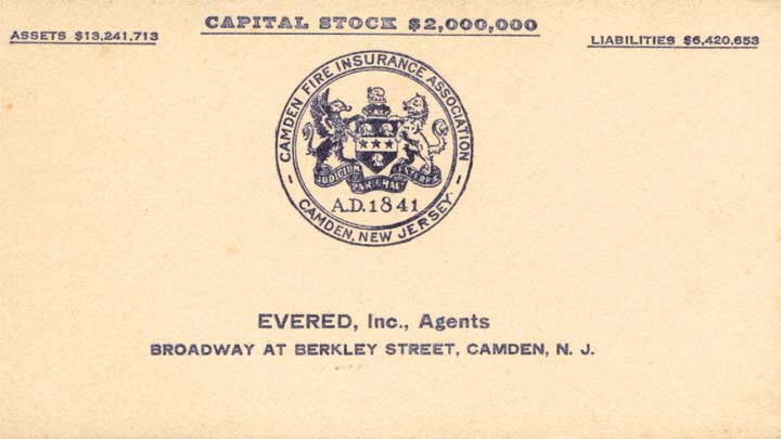 Evered Inc. advertising blotter for Camden Fire Insurance Association
