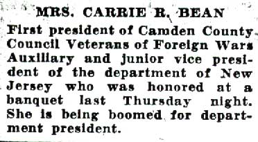 Mrs. Carrie R. Bean — First president of Camden County Council VFW Auxiliary