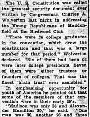 Wolverton Holds ‘Brain Trust’ Drew U. S. Constitution - Camden Courier-Post, October 6, 1936