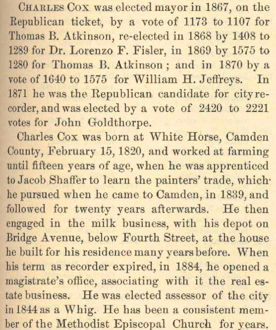 Full-page biography of Charles Cox from 1886 county history