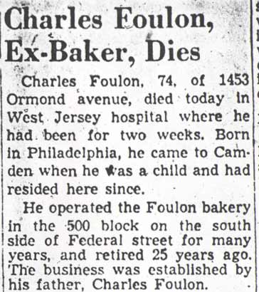 Charles Foulon obituary, Camden Courier-Post, January 11, 1950 (part 1)