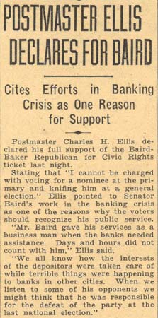 Camden Courier-Post, May 13, 1934 — Postmaster Ellis Declares for Baird