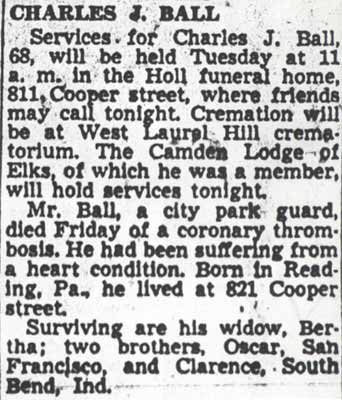 Obituary for Charles J. Ball, Camden Courier-Post, July 16, 1950
