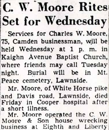 Camden Courier-Post obituary for Charles W. Moore, January 16, 1950, part 1