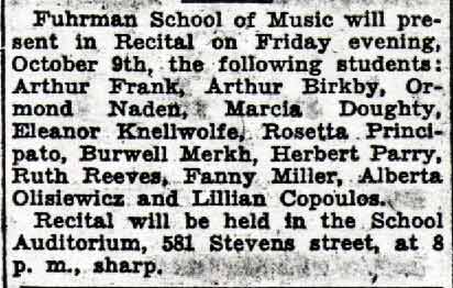 Fuhrman School of Music recital notice, October 2, 1936