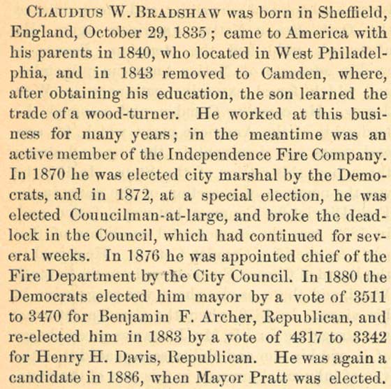 Biography of Claudius W. Bradshaw from The History of Camden County New Jersey by George Reeser Prowell, 1886