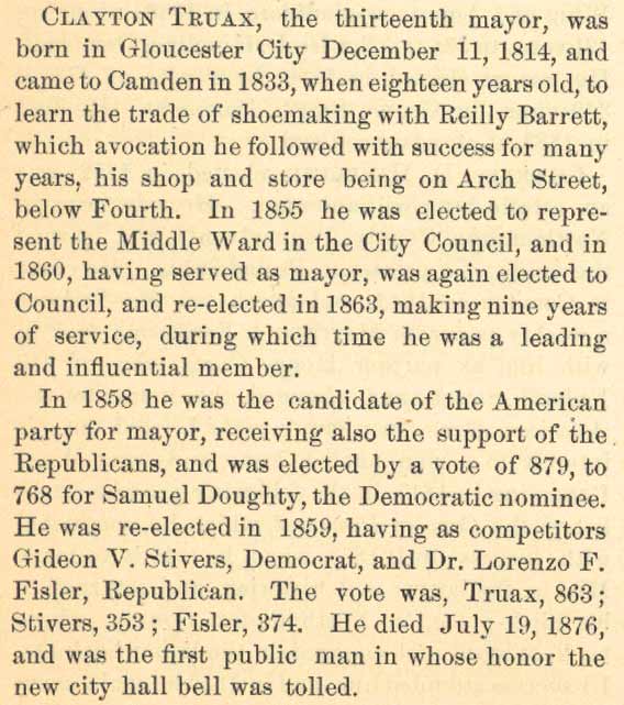 Clayton Truax biographical sketch, The History of Camden County New Jersey, George Reeser Prowell, 1886