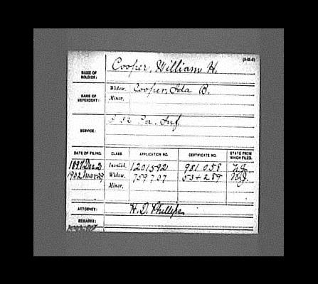 Colonel William H. Cooper Civil War pension index card