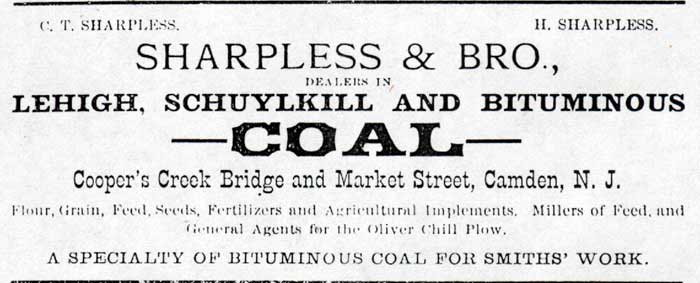 Sharpless & Bro. advertisement, 1883-1884 Camden City Directory — dealers in Lehigh, Schuylkill and Bituminous Coal, Cooper's Creek Bridge and Market Street, Camden, N.J.