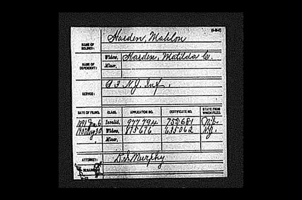 Civil War pension record for Mahlon Harden, showing Invalid pension filed January 6, 1891, and Widow's pension for Matilda C. Harden filed August 30, 1907; service in Company B, 3rd New Jersey Infantry