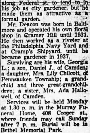 Camden Courier-Post, February 6, 1959 — D.G. Deacon Dies, City Gardener, part 2