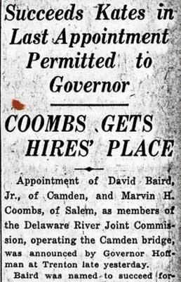 Camden Courier-Post, January 22, 1938 — Baird appointed to Delaware River Joint Commission