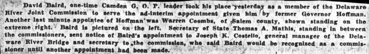 Camden Courier-Post, January 29, 1938 — Baird Seated on Span Board