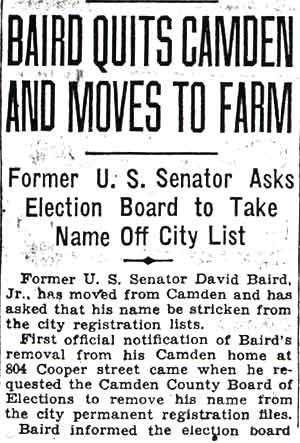 Baird Quits Camden and Moves to Farm — Camden Courier-Post, October 3, 1936