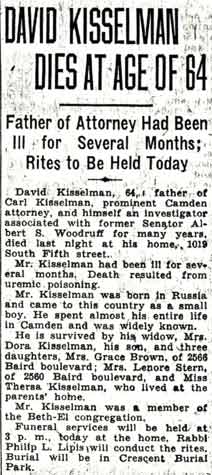 Obituary for David Kisselman, Camden Courier-Post, December 4, 1940