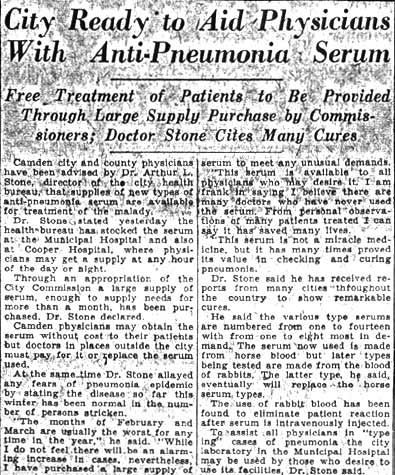 City Ready to Aid Physicians With Anti-Pneumonia Serum