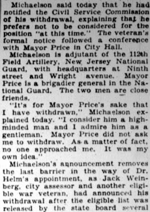 Camden Courier-Post, January 9, 1928 — War Vet Withdraws for Purchasing Job, part 2