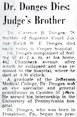 Dr. Clarence Donges obituary, Camden Courier-Post October 6, 1947, page 1