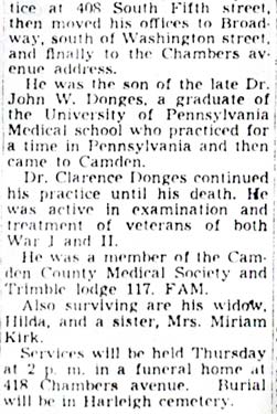 Dr. Clarence Donges obituary, Camden Courier-Post October 6, 1947, page 2