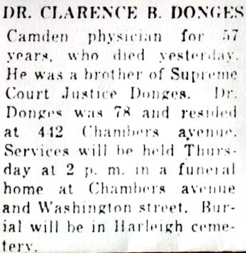 Dr. Clarence Donges obituary, Camden Courier-Post October 6, 1947, page 3