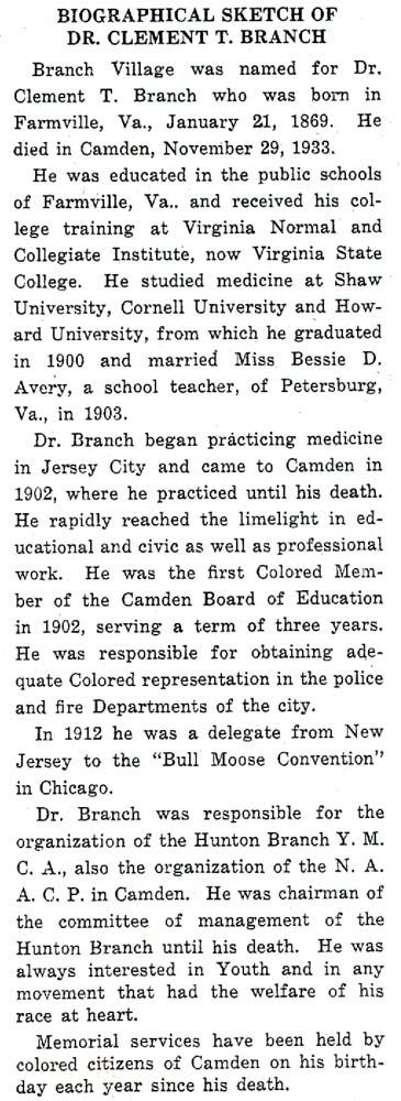 Biographical Sketch from Clement T. Branch Village Dedication Program, September 27, 1941