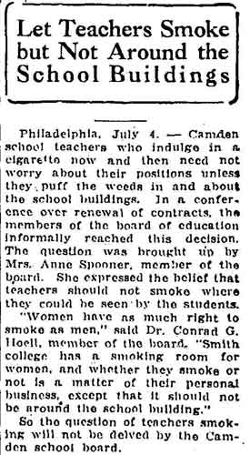 Helena, Montana Independent July 5, 1927: Let Teachers Smoke but Not Around the School Buildings