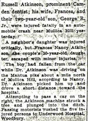 Camden Courier-Post, October 26, 1936 — Dr. Atkinson, Wife, Son Killed (article text)