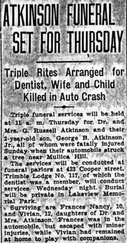 Camden Courier-Post, October 27, 1936 — Atkinson Funeral Set for Thursday; Triple Rites Arranged for Dentist, Wife and Child Killed in Auto Crash