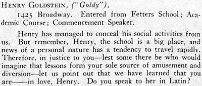 Henry Z. Goldstein yearbook entry, 1920 Camden High School Purple & Gold