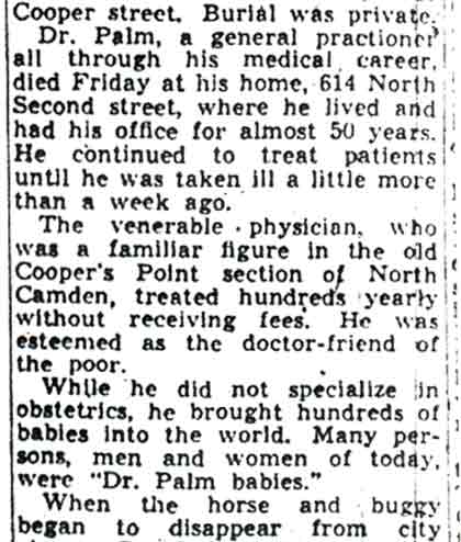 Funeral Rites Held for Dr. H. F. Palm, Camden Courier-Post, January 5, 1942 (continued)
