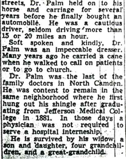 Funeral Rites Held for Dr. H. F. Palm, Camden Courier-Post, January 5, 1942 (continued)