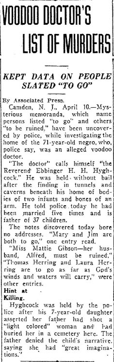 Voodoo Doctor's list of Murders - Helena Independent, April 11, 1925