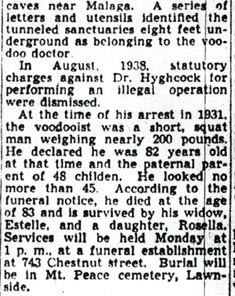 Dr. Hyghcock Dies, Voodoo Exponent
