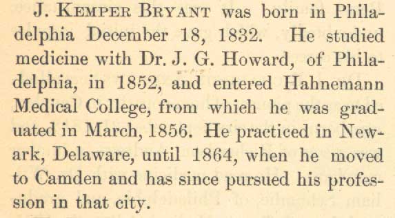 Entry for Dr. J. Kemper Bryant from History of Camden County, New Jersey, 1885