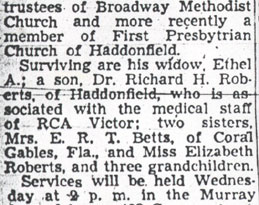 Camden Courier-Post, June 4, 1950 — Dr. Jos. E. Roberts obituary, page 5