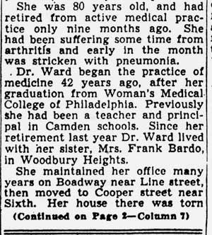 Camden Courier-Post, March 23, 1939 — Dr. Lettie Ward obituary (continued)