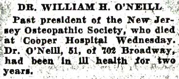Death notice for Dr. William H. O'Neill, August 7, 1936