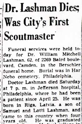 Dr. Lashman Dies; Was City's First Scoutmaster, Camden Courier-Post, July 22, 1951