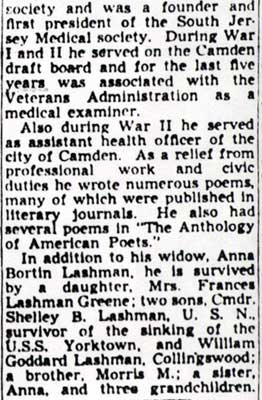 Dr. Lashman obituary, Camden Courier-Post, July 22, 1951 (continued)