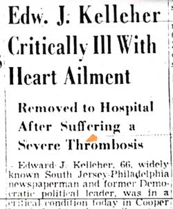 Camden Courier-Post July 9, 1951 — Kelleher Critically Ill With Heart Ailment — headline