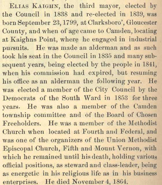 Biography of Elias Kaighn from The History of Camden County New Jersey by George Reeser Prowell, 1886