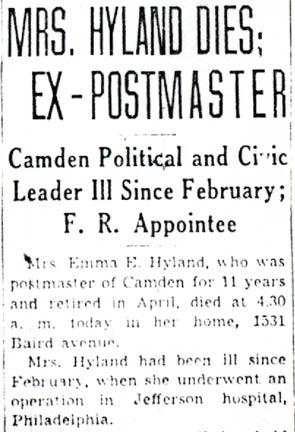 Camden Courier-Post, October 19, 1945 — Mrs. Hyland Dies; Ex-Postmaster obituary, page 1